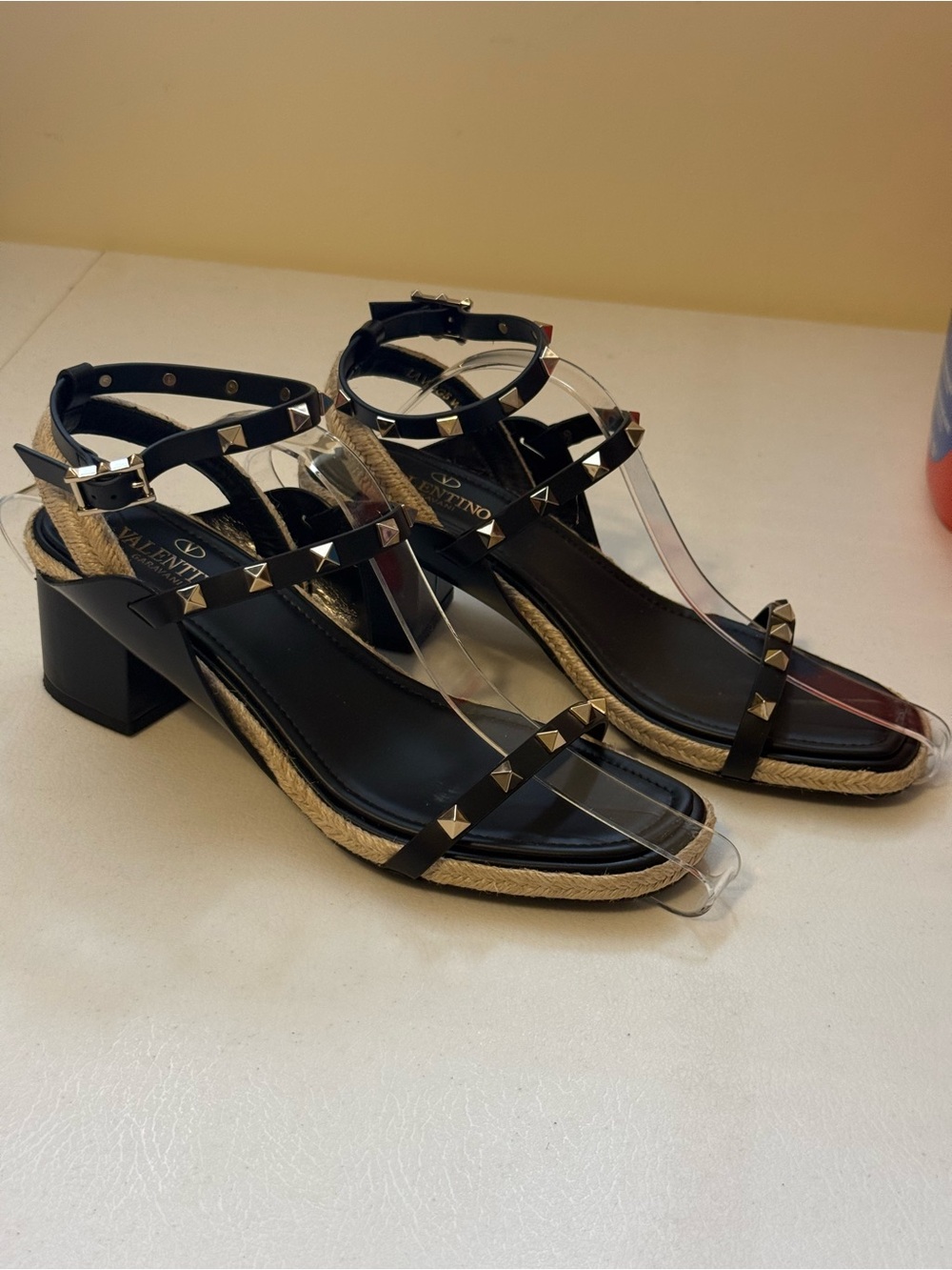 Valentino Garavani Black ROCKSTUD, Strappy Block Heeled Sandals Espadrille Trim